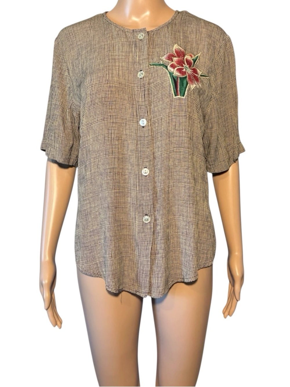Vintage Karen Kane Women's Blouse Size M Button Up Short Sleeve Embroidered